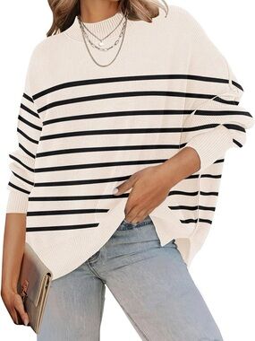 Striped Cream and Black Boatneck Sweater Size Small